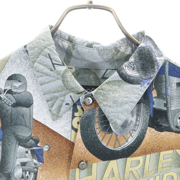 HARLEY DAVIDSON ハーレーダビッドソン USA製 バイク柄 総柄 半袖 シャツ XL グレー系 メンズ