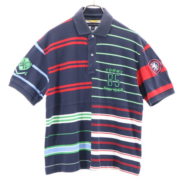 TOMMY HILFIGER トミーヒルフィガー クレイジーパターン ボーダー 半袖 ポロシャツ M 紺系 鹿の子 リメイク メンズ