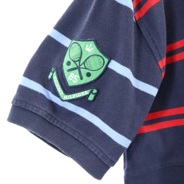 TOMMY HILFIGER トミーヒルフィガー クレイジーパターン ボーダー 半袖 ポロシャツ M 紺系 鹿の子 リメイク メンズ