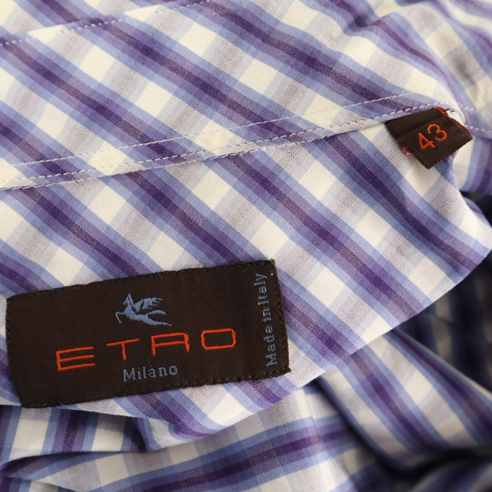 ETRO エトロ イタリア製 チェック柄 長袖 ボタンダウンシャツ 43 パープル 他 ロング丈 メンズ