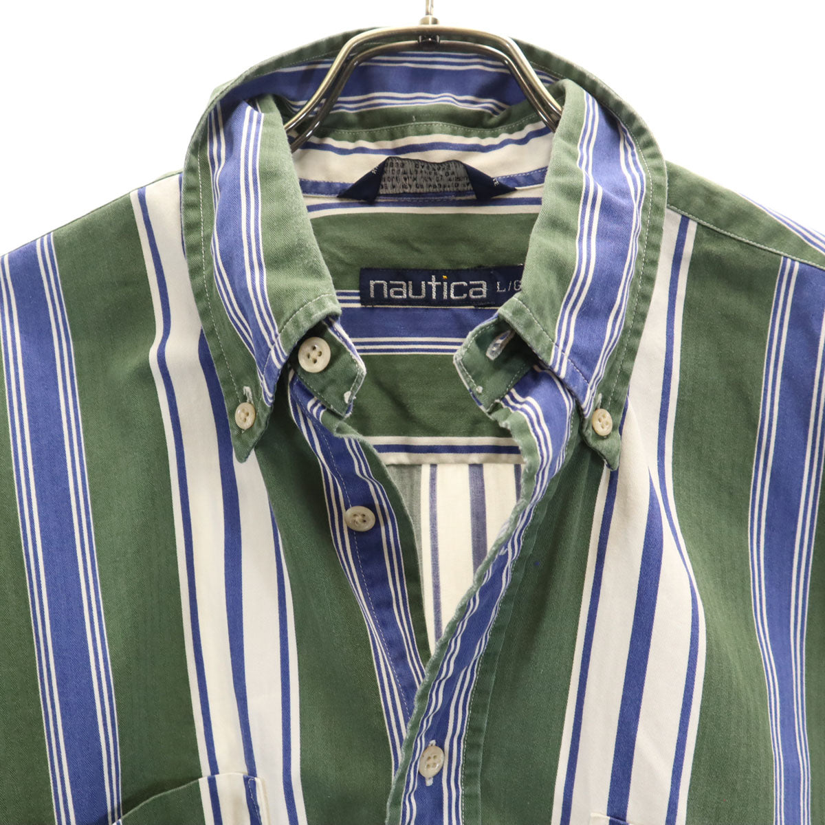 NAUTICA ノーティカ 90s USA製 オールド ストライプ柄 半袖 ボタンダウンシャツ L グリーン メンズ