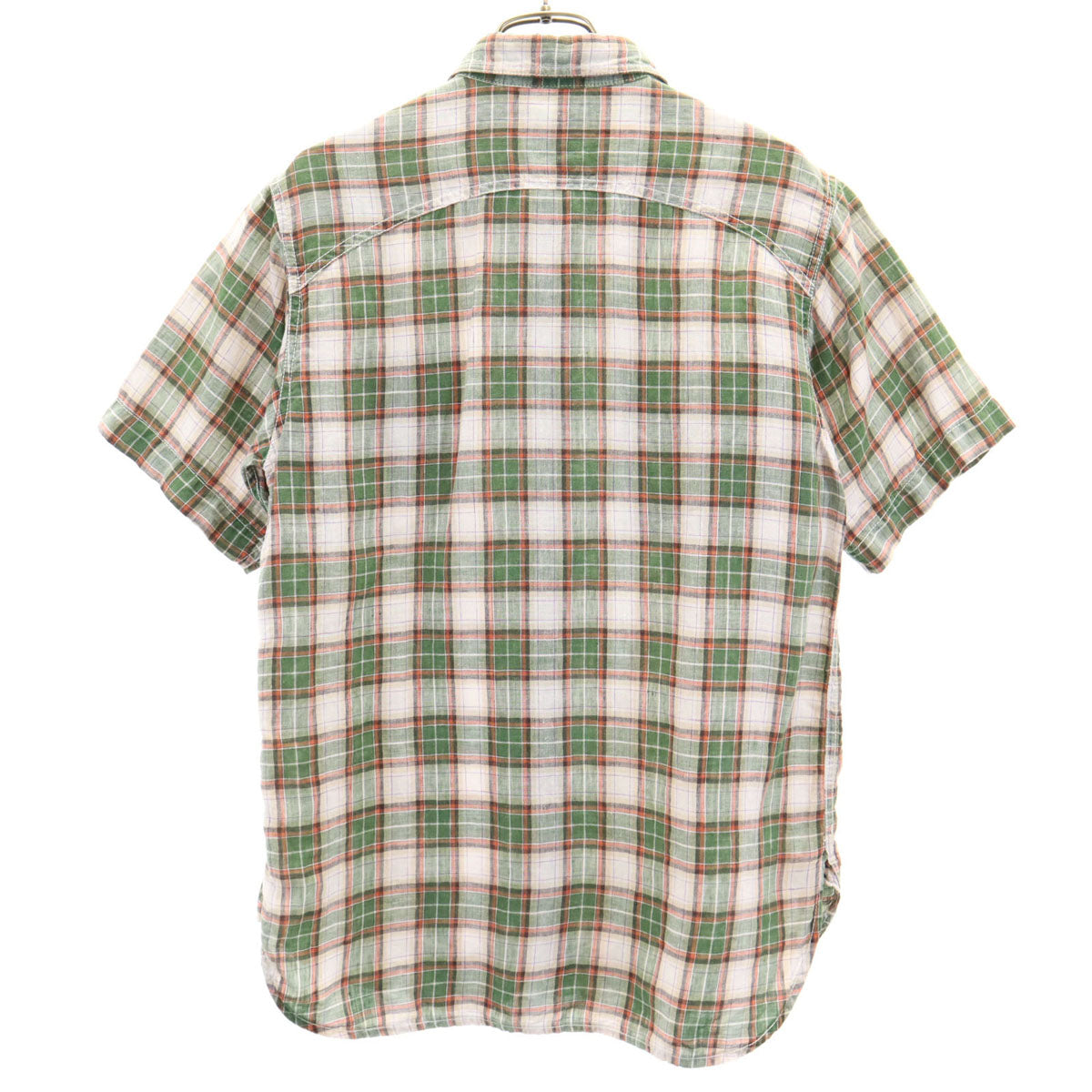 CUSHMAN クッシュマン チェック柄 半袖 リネンライク シャツ L グリーン系 メンズ