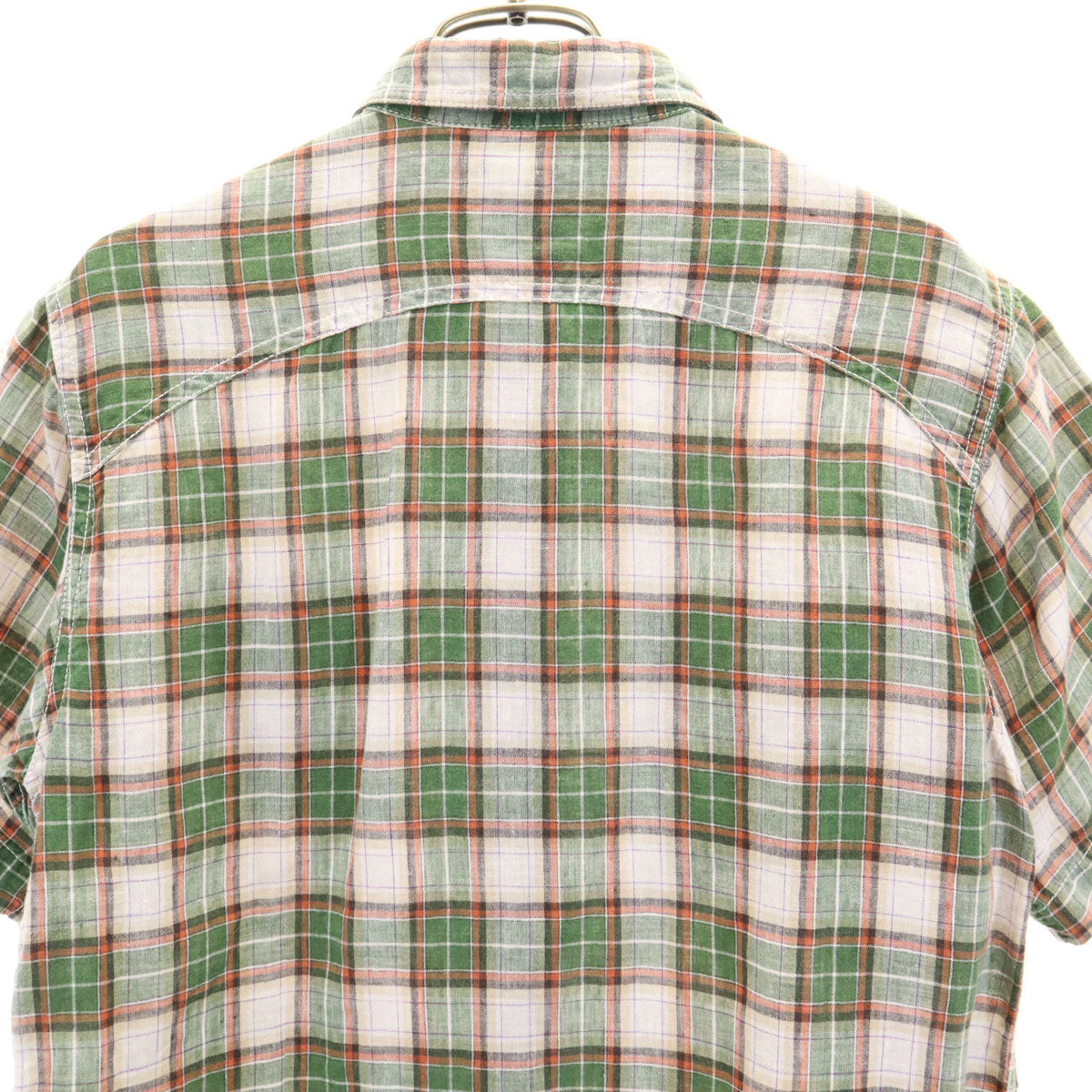 CUSHMAN クッシュマン チェック柄 半袖 リネンライク シャツ L グリーン系 メンズ