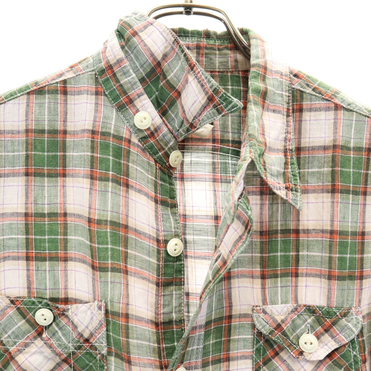 CUSHMAN クッシュマン チェック柄 半袖 リネンライク シャツ L グリーン系 メンズ