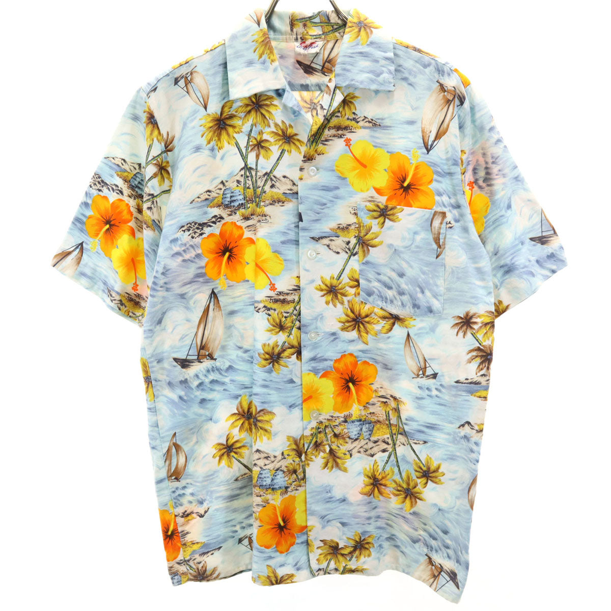 GOLD FISH 80s 90s オールド ハワイアン柄 半袖 アロハシャツ 水色系 開襟 メンズ