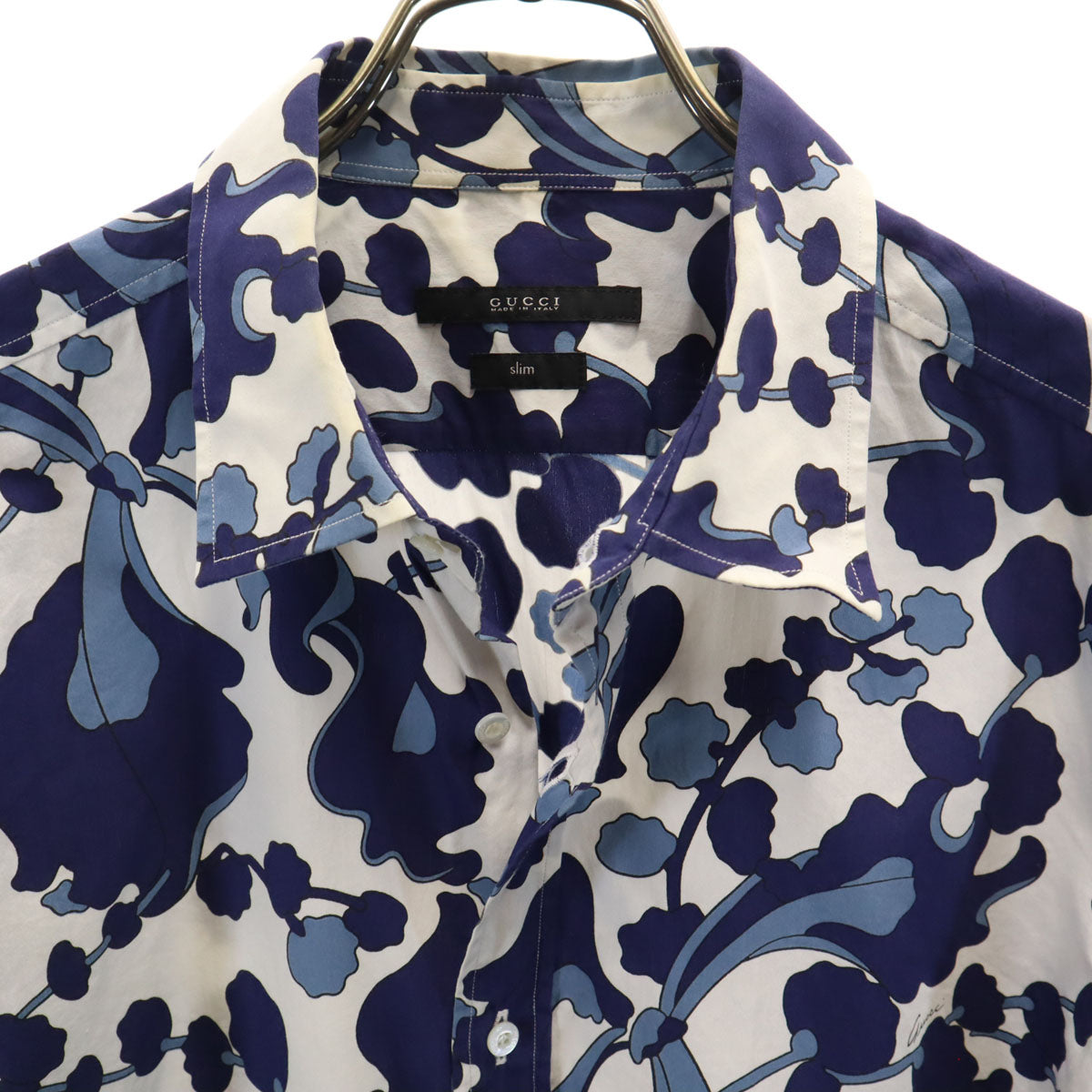 GUCCI グッチ イタリア製 シルクブレンド 総柄 長袖 シャツ 42 ネイビー メンズ