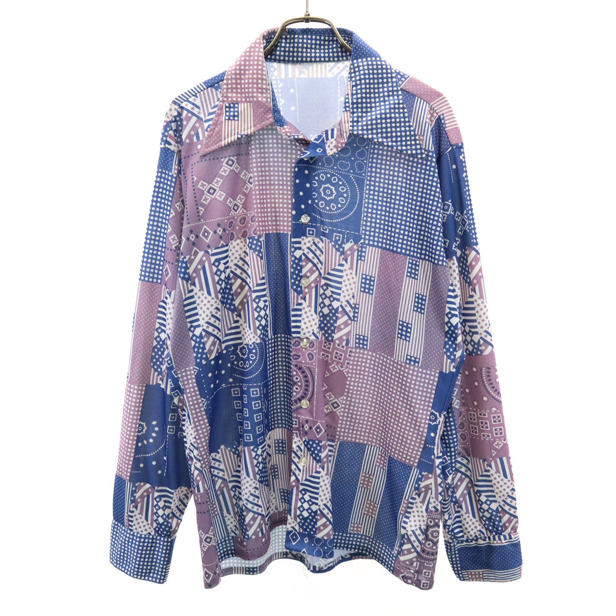 70s ヴィンテージ 総柄 長袖 シャツ ブルー系 メンズ