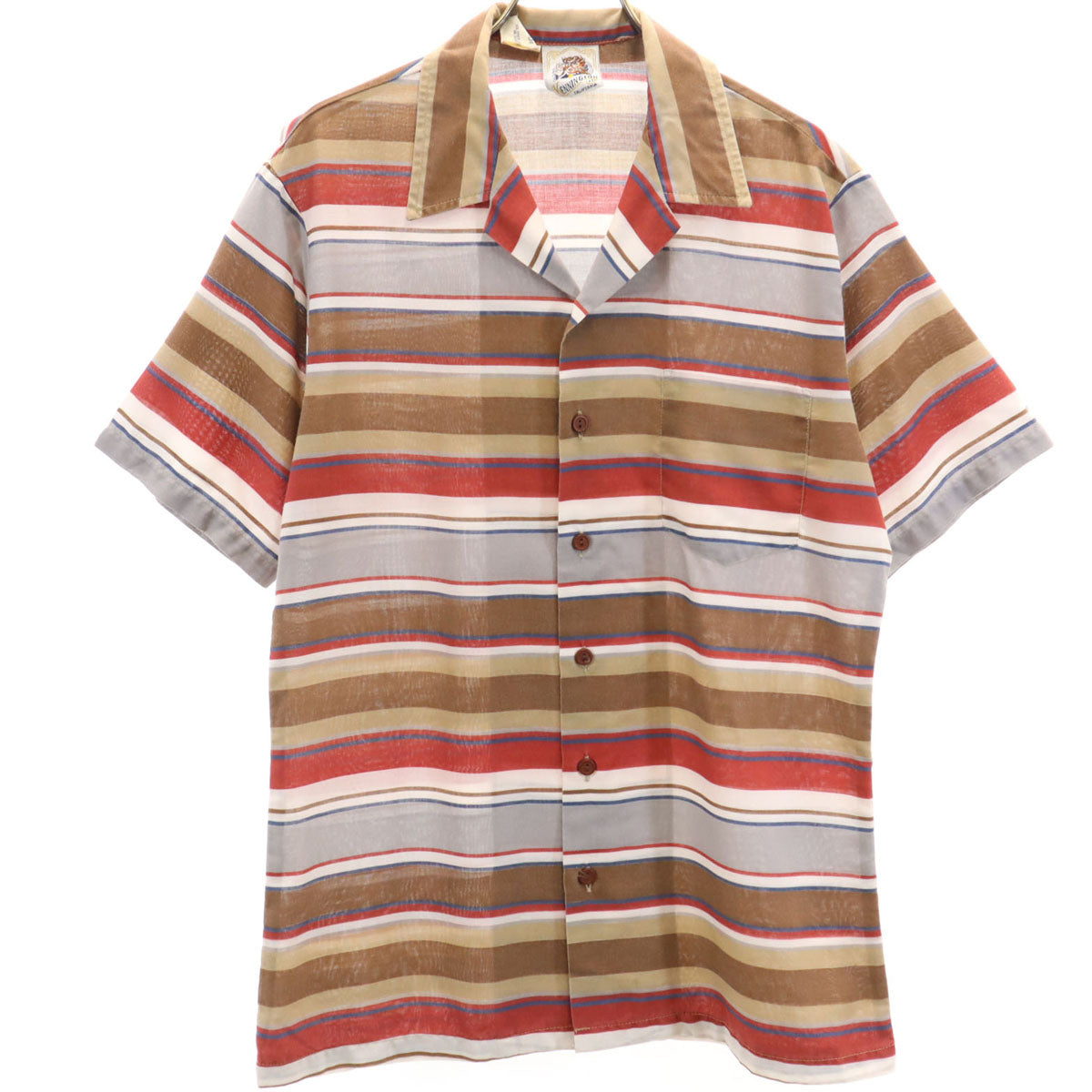 KENNINGTON ケニントン 70s 80s ヴィンテージ ボーダー柄 半袖 オープンカラーシャツ M ブラウン メンズ
