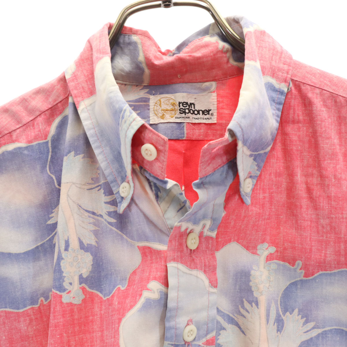 reyn spooner レインスプーナー 80s 金タグ ヴィンテージ リバースプリント ハイビスカス柄 半袖 ボタンダウン アロハシャツ レッド系 プルオーバー メンズ