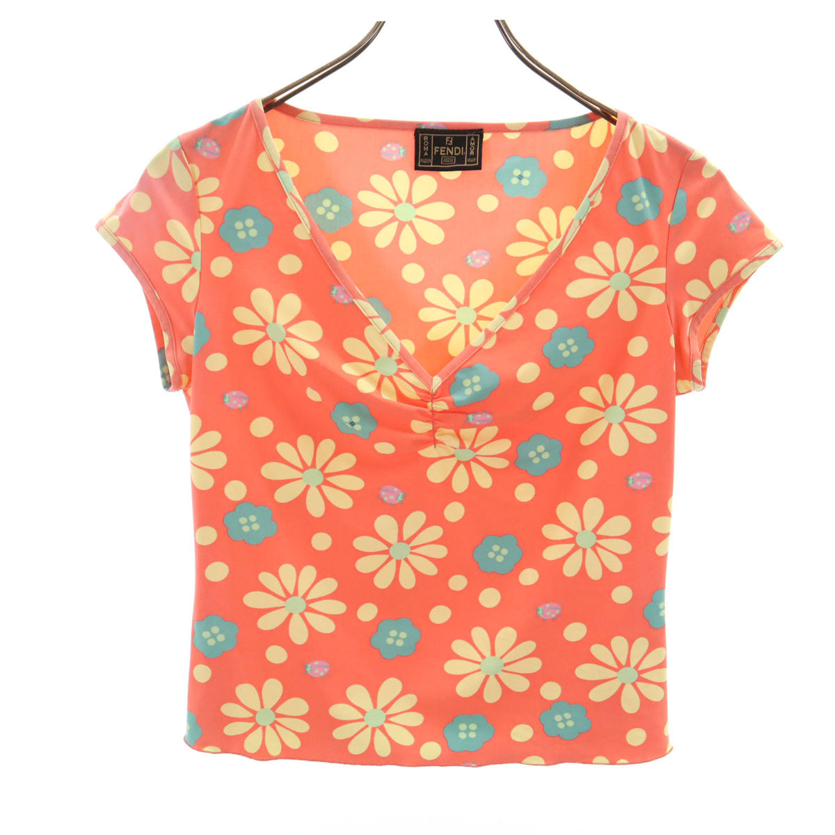 FENDI フェンディ イタリア製 フレンチスリーブ Vネック カットソー 42 オレンジ系 レディース