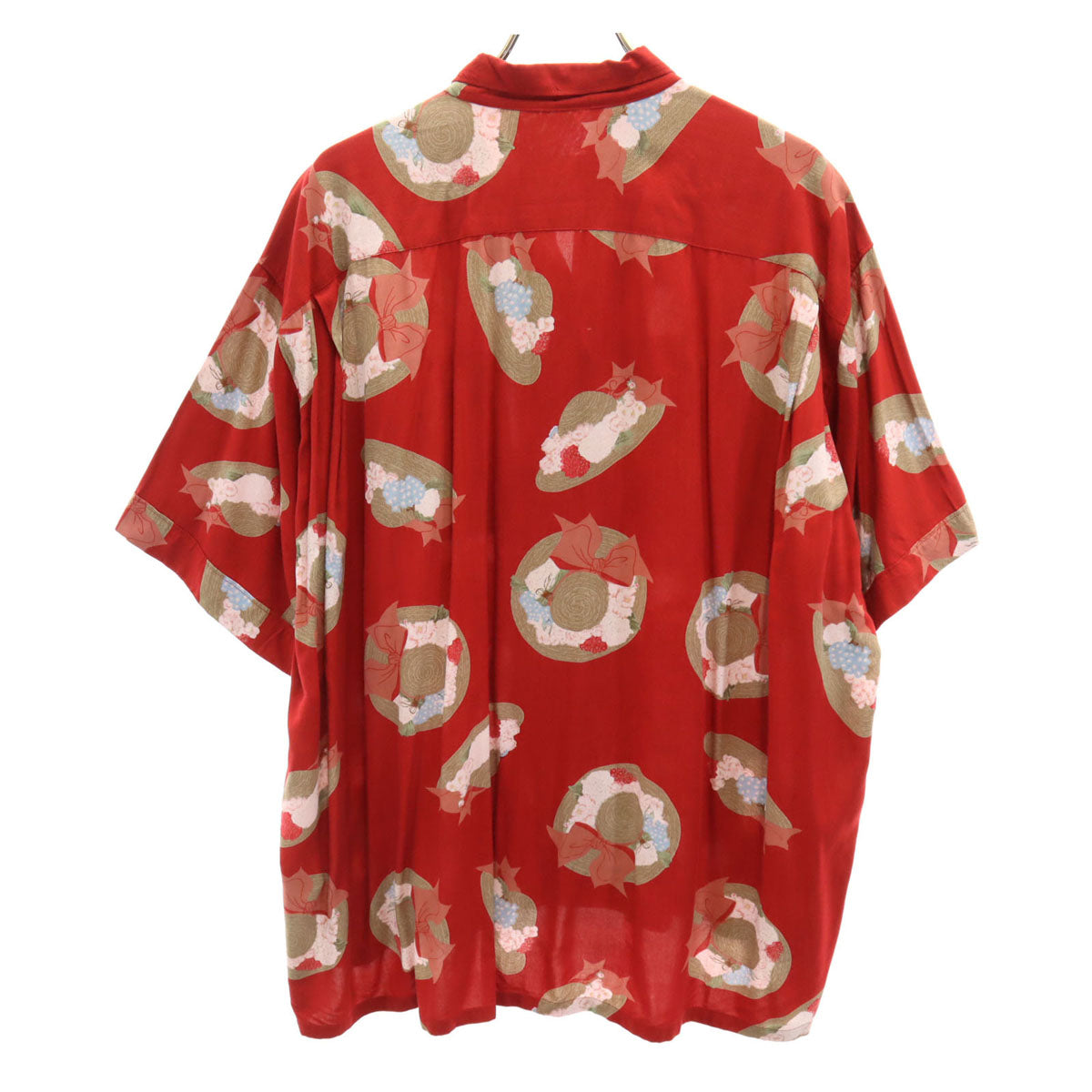 PINK HOUSE ピンクハウス 麦わら帽子柄 半袖 オープンカラーシャツ レッド レディース