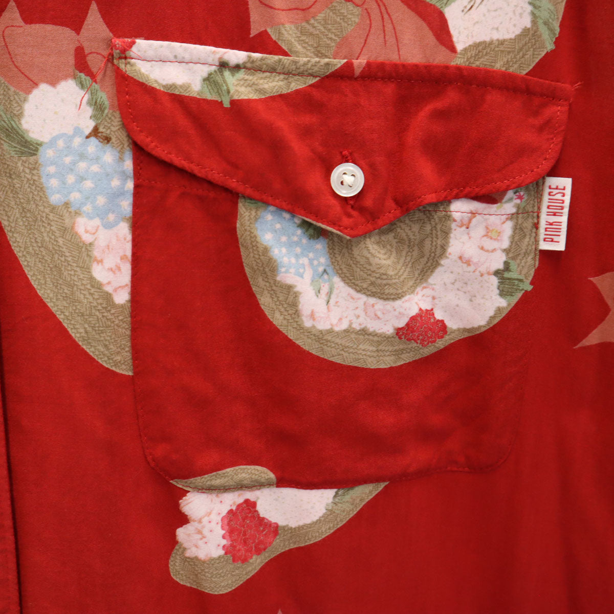 PINK HOUSE ピンクハウス 麦わら帽子柄 半袖 オープンカラーシャツ レッド レディース