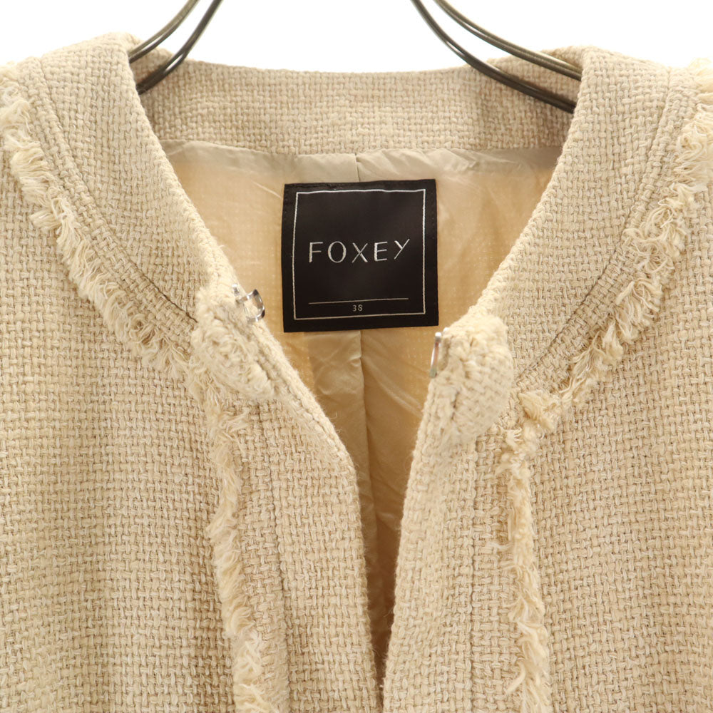 FOXEY フォクシー 日本製 7分袖 バスケットウィーブ ノーカラージャケット 38 ベージュ レディース