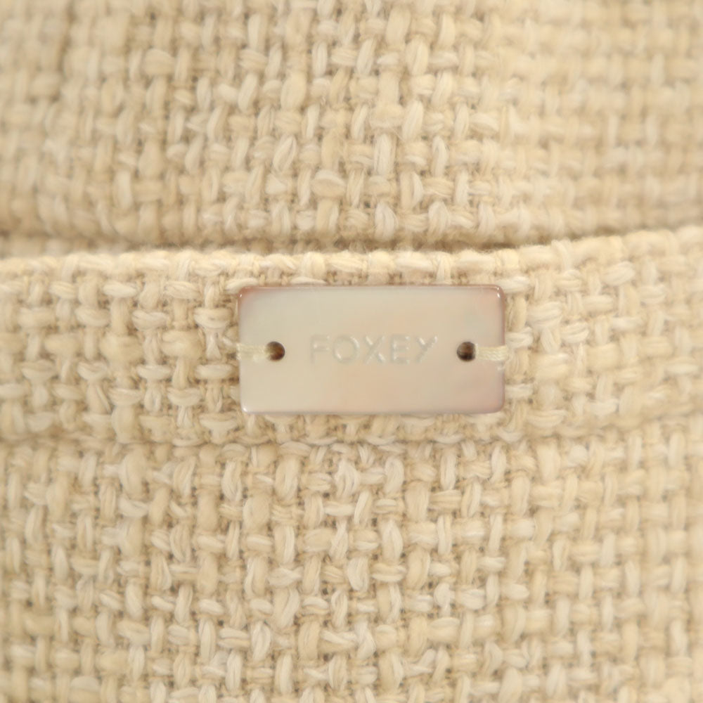 FOXEY フォクシー 日本製 7分袖 バスケットウィーブ ノーカラージャケット 38 ベージュ レディース