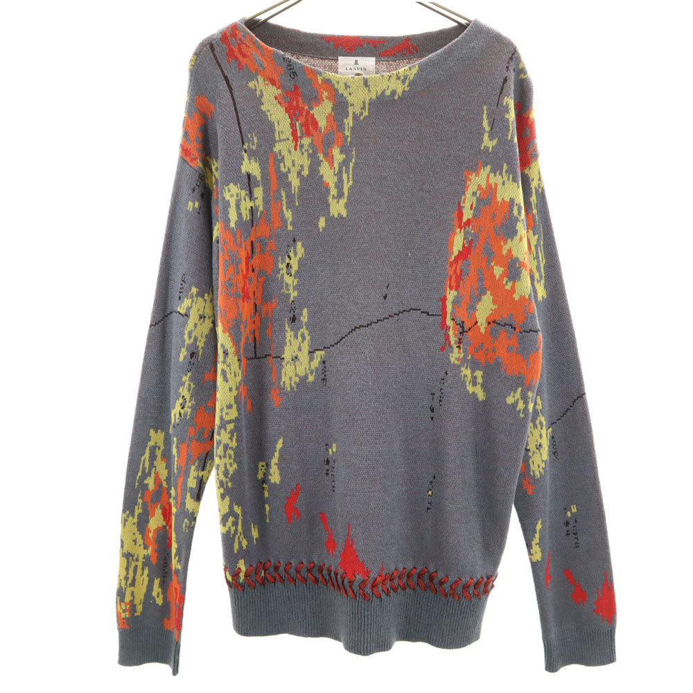 LANVIN en Bleu ランバンオンブルー リネンブレンド 総柄 長袖 ニット 48 チャコールグレー セーター レディース