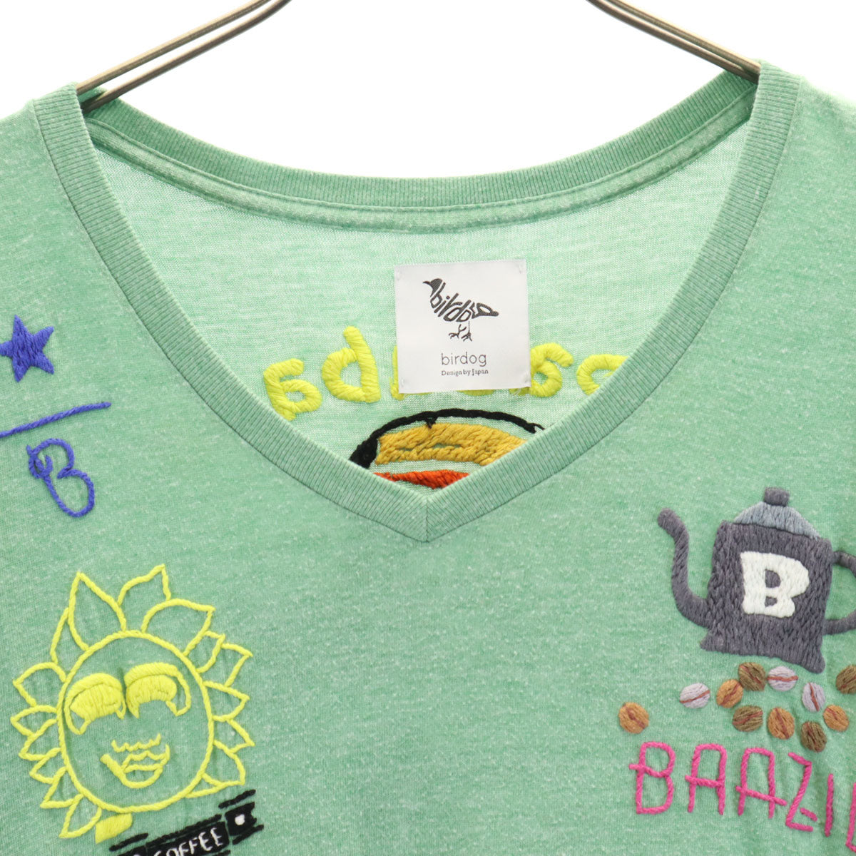 Birdog バードッグ バッグ COFFEE 刺繍 半袖 Vネック Tシャツ L グリーン レディース