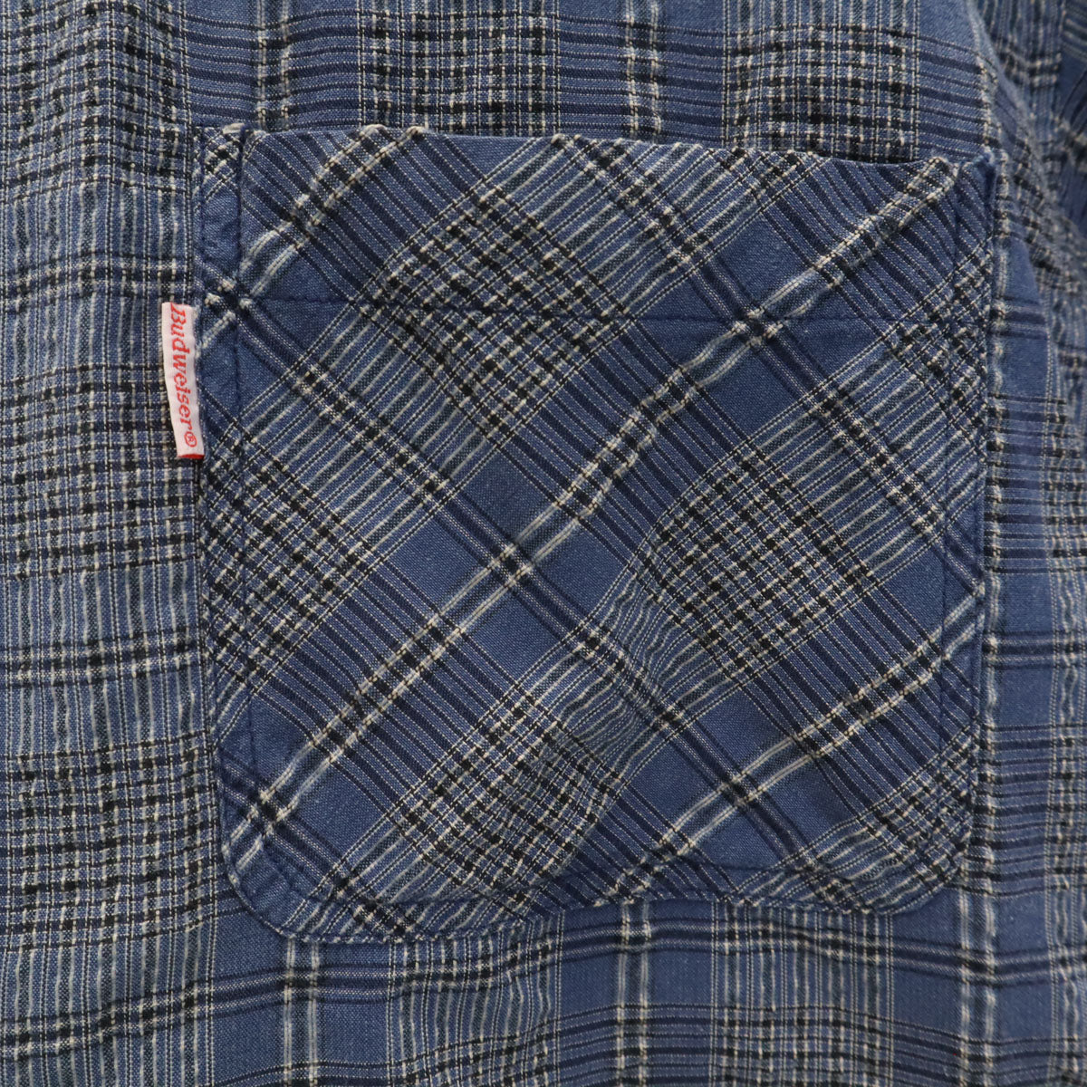 Budweiser バドワイザー チェック柄 半袖 シャツ L ネイビー シアサッカー メンズ