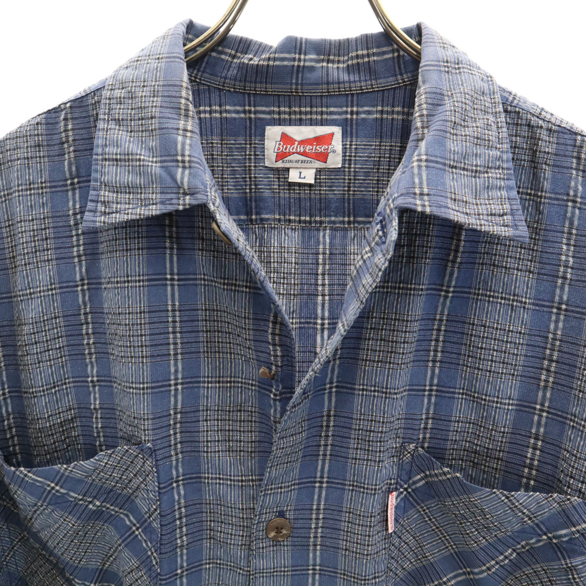 Budweiser バドワイザー チェック柄 半袖 シャツ L ネイビー シアサッカー メンズ