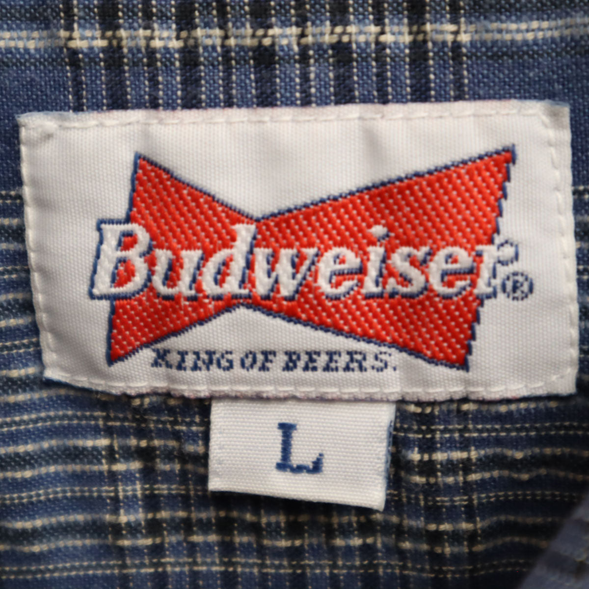 Budweiser バドワイザー チェック柄 半袖 シャツ L ネイビー シアサッカー メンズ