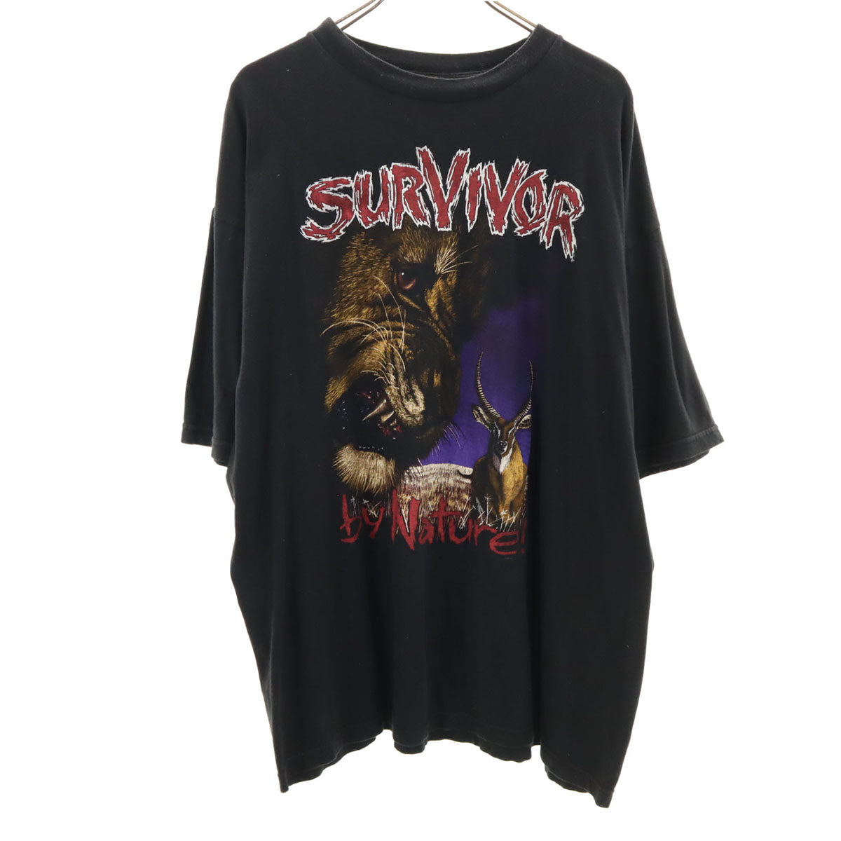 ZIP 90s オールド survivor by nature プリント 半袖 Tシャツ ブラック アニマル メンズ
