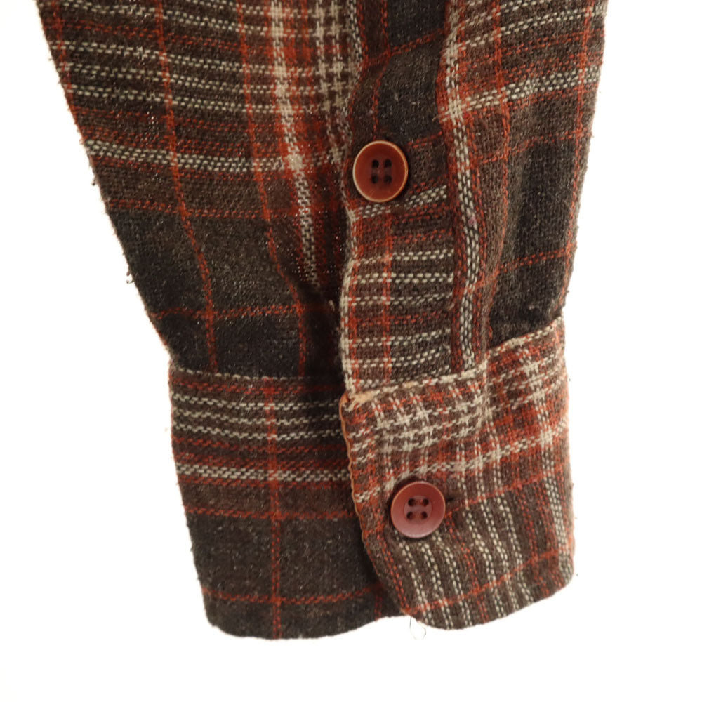 Sears シアーズ 80s リネンブレンド ヴィンテージ チェック柄 長袖 シャツ M ブラウン SportsWear メンズ