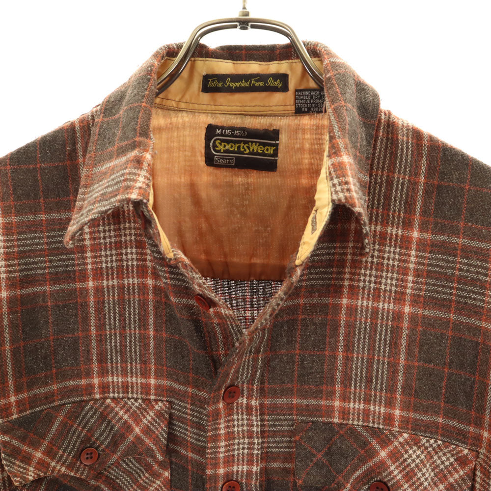 Sears シアーズ 80s リネンブレンド ヴィンテージ チェック柄 長袖 シャツ M ブラウン SportsWear メンズ