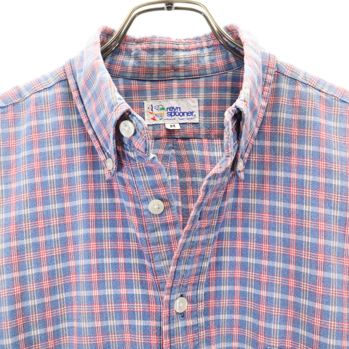 reyn spooner レインスプーナー 90s オールド 水着タグ チェック柄 半袖 ハーフボタン ボタンダウンシャツ M ブルー系 プルオーバー メンズ