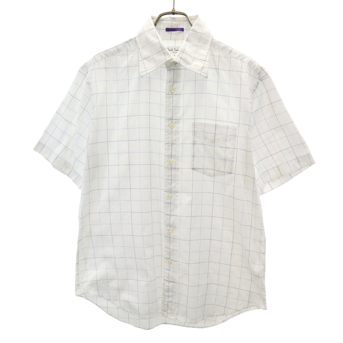Paul Smith LONDON ポールスミスロンドン 日本製 チェック柄 半袖 コットンシャツ L ホワイト メンズ
