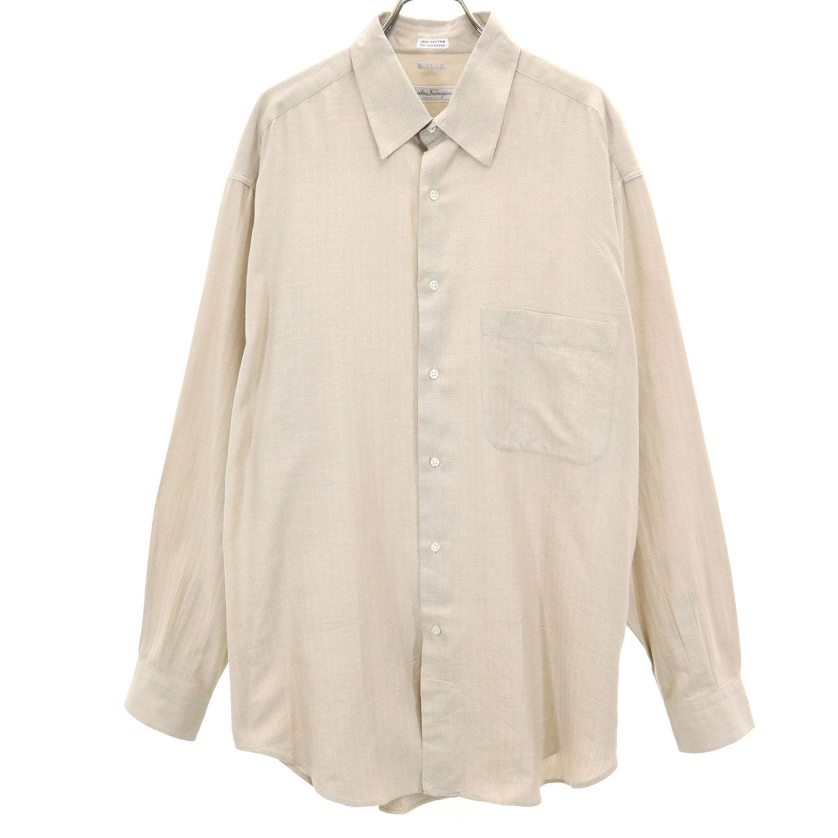 Salvatore Ferragamo サルヴァトーレフェラガモ イタリア製 ヘリンボーン柄 長袖 コットンシャツ L グレージュ メンズ