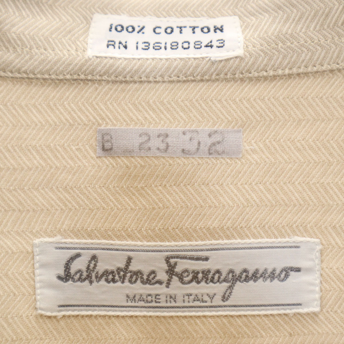 Salvatore Ferragamo サルヴァトーレフェラガモ イタリア製 ヘリンボーン柄 長袖 コットンシャツ L グレージュ メンズ