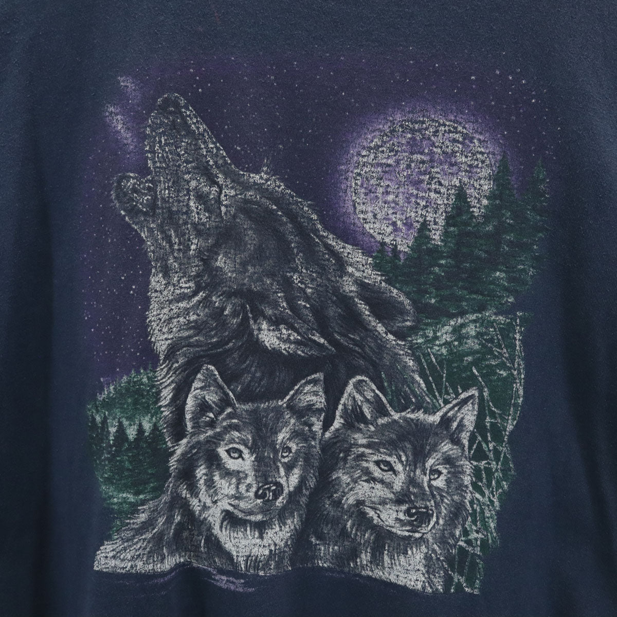 90s オールド オオカミ プリント 半袖 Tシャツ ネイビー シングルステッチ アニマル メンズ