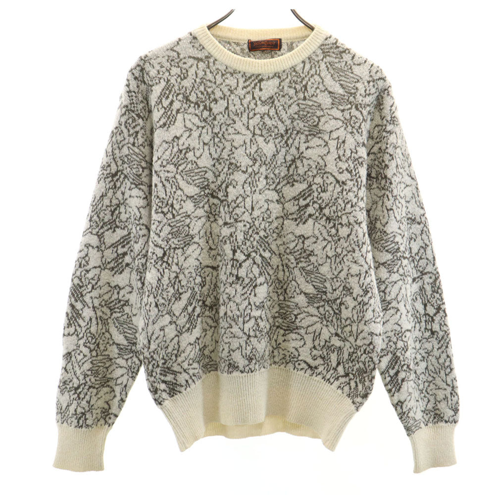 YVES SAINT LAURENT tricots イヴサンローラントリコット 80s 90s オールド ウールブレンド モヘア混 総柄 長袖 セーター M ホワイト pour homme メンズ