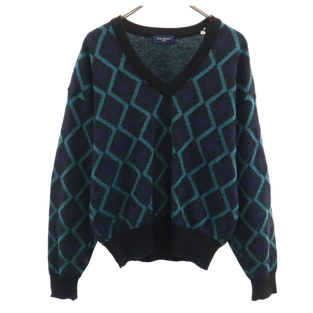 YVES SAINT LAURENT tricots イヴサンローラントリコット 90s オールド ウールブレンド モヘア混 アーガイル柄 長袖 Vネック セーター L ネイビー メンズ