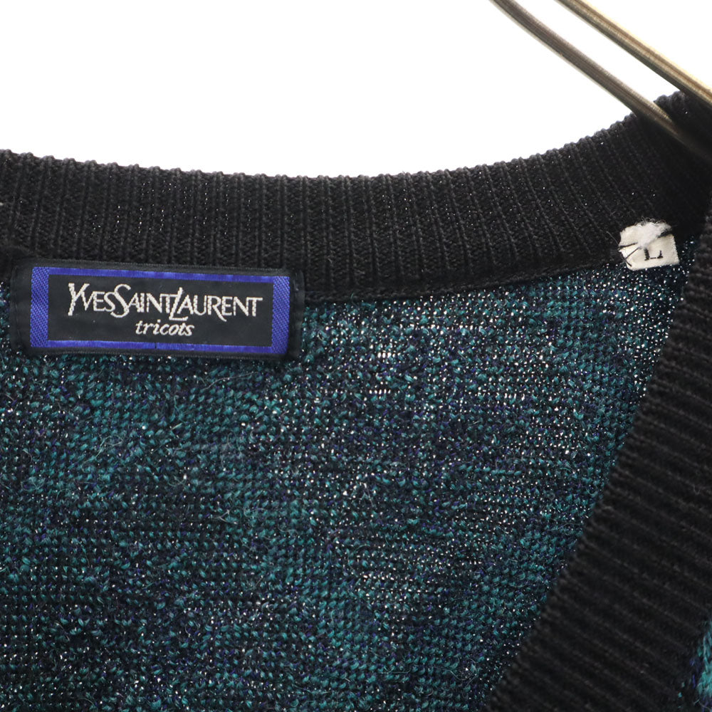 YVES SAINT LAURENT tricots イヴサンローラントリコット 90s オールド ウールブレンド モヘア混 アーガイル柄 長袖 Vネック セーター L ネイビー メンズ
