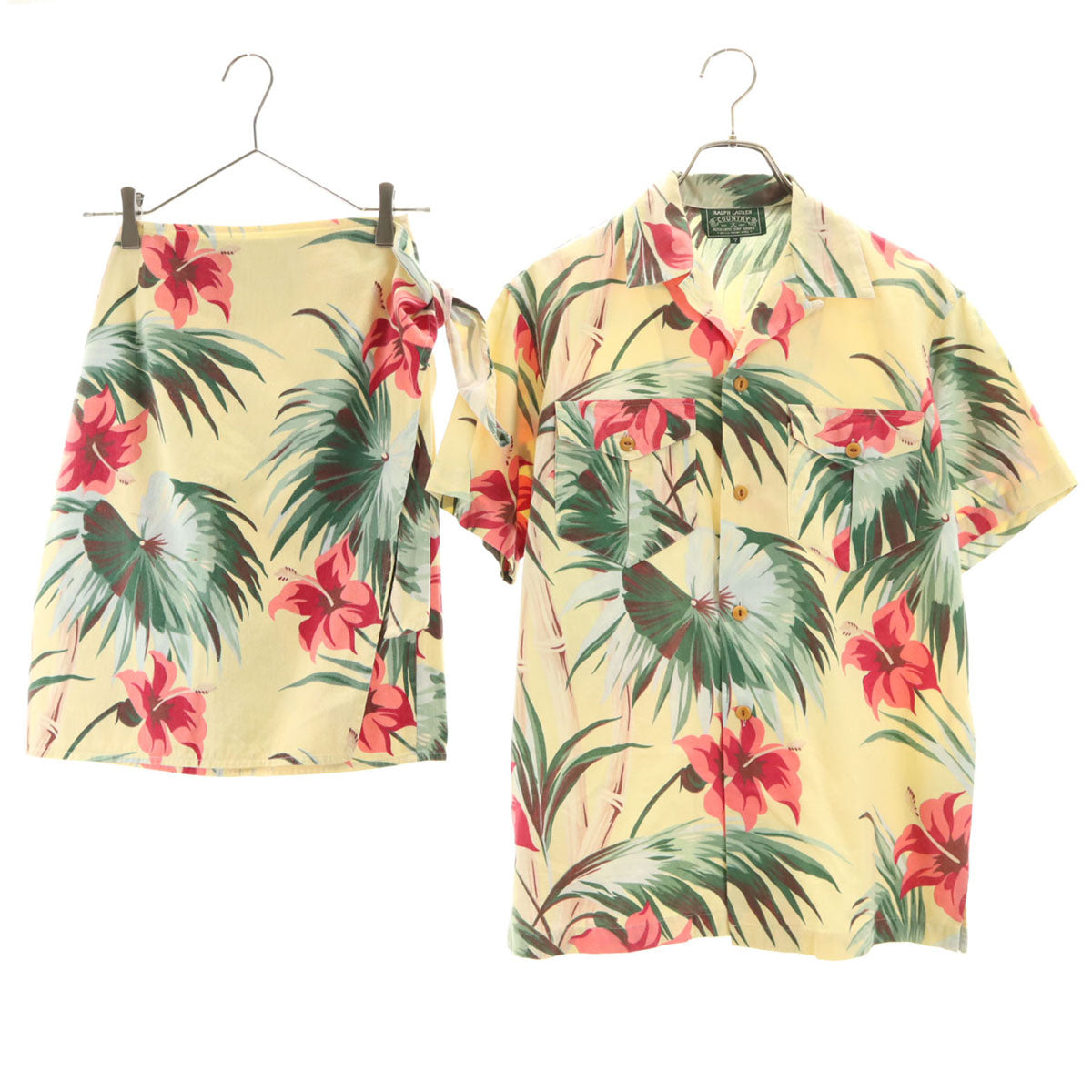 RALPH LAUREN COUNTRY ラルフローレンカントリー 90s オールド ポロカン 半袖 アロハシャツ 上下 セットアップ 7/9 ベージュ系 インパクト21 レディース