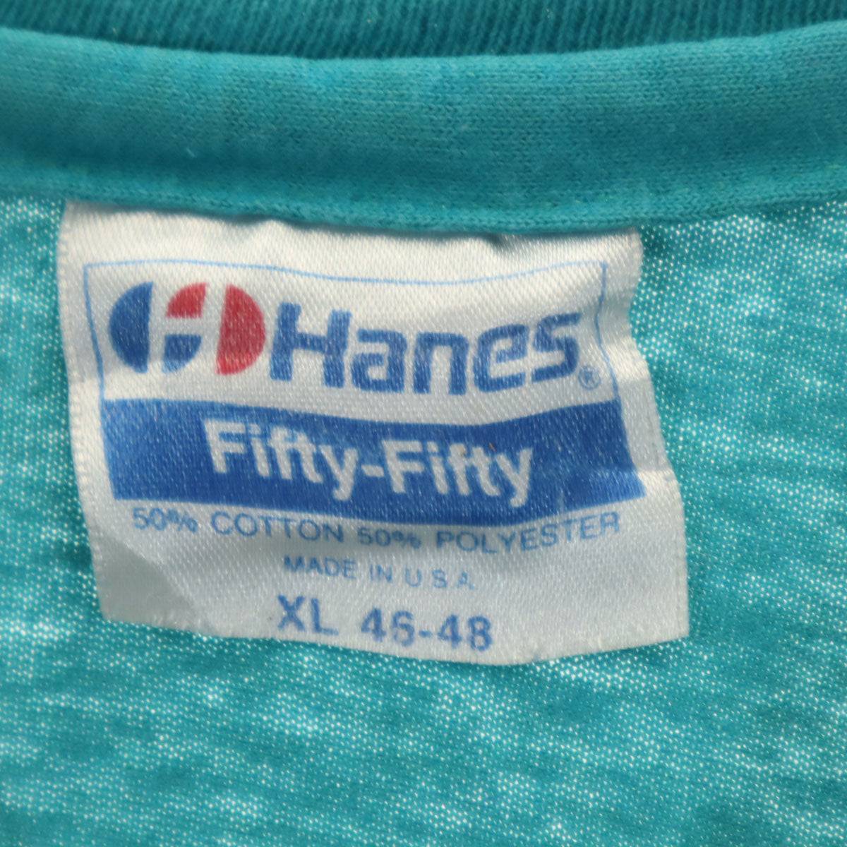 Hanes ヘインズ 80s 90s USA製 オールド バックプリント 半袖 Tシャツ XL ターコイズ シングルステッチ メンズ