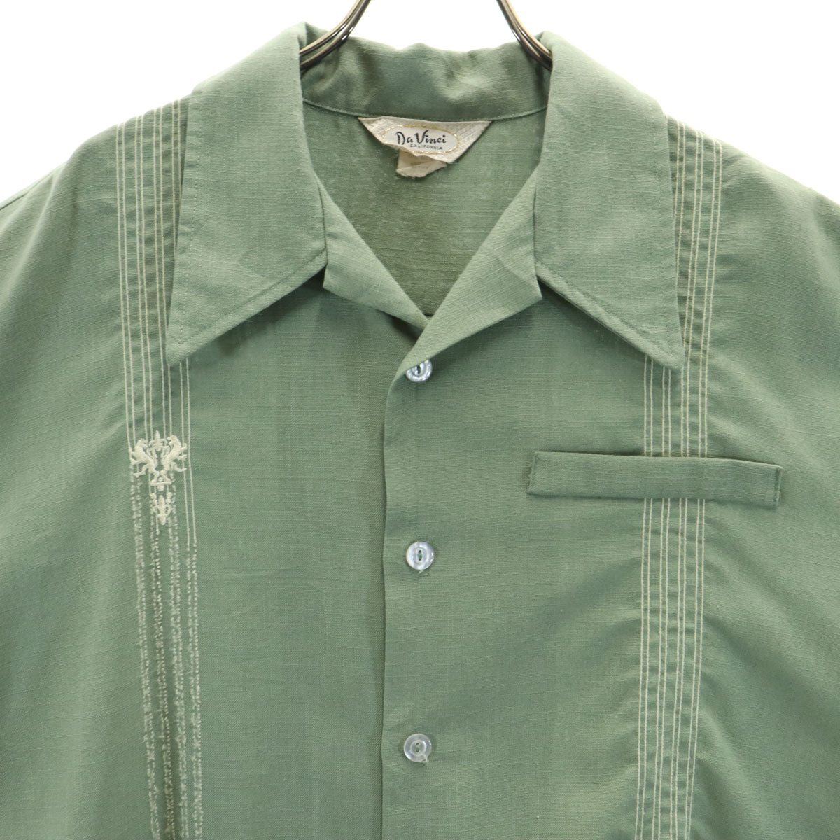 Davinci ダヴィンチ 60s USA製 ヴィンテージ 半袖 オープンカラーシャツ L モスグリーン系 レーヨン混 メンズ