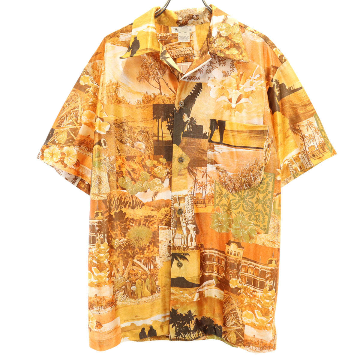 80s 90s ハワイ製 オールド 風景 総柄 半袖 アロハシャツ L オレンジ 開襟 メンズ