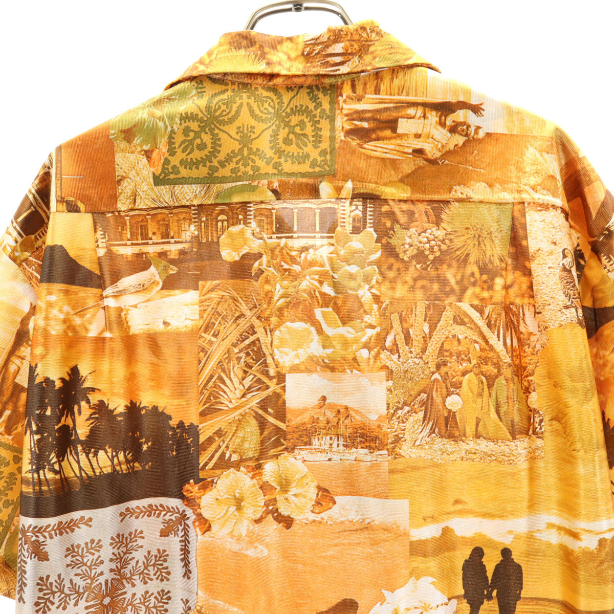 80s 90s ハワイ製 オールド 風景 総柄 半袖 アロハシャツ L オレンジ 開襟 メンズ