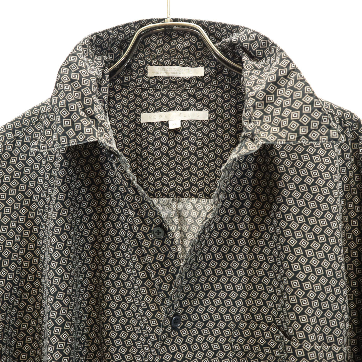 PERRY ELLIS ペリーエリス 総柄 半袖 コットンシャツ XL ブラック メンズ