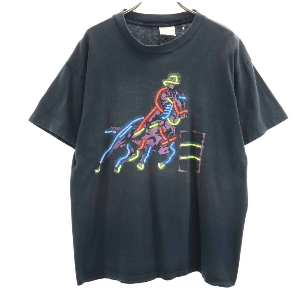 HAZELWOOD PREMO 90s USA製 オールド ネオン カウボーイプリント 半袖 Tシャツ L ブラック シングルステッチ メンズ