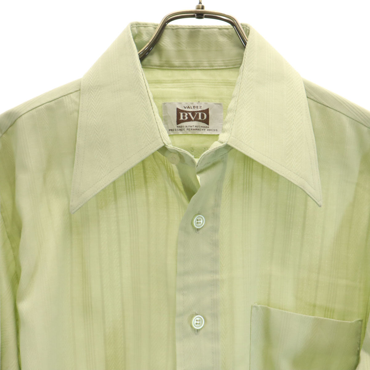 BVD 70s カナダ製 ヴィンテージ ストライプ柄 長袖 ダブルカフス シャツ 15 1/2 黄緑系 メンズ