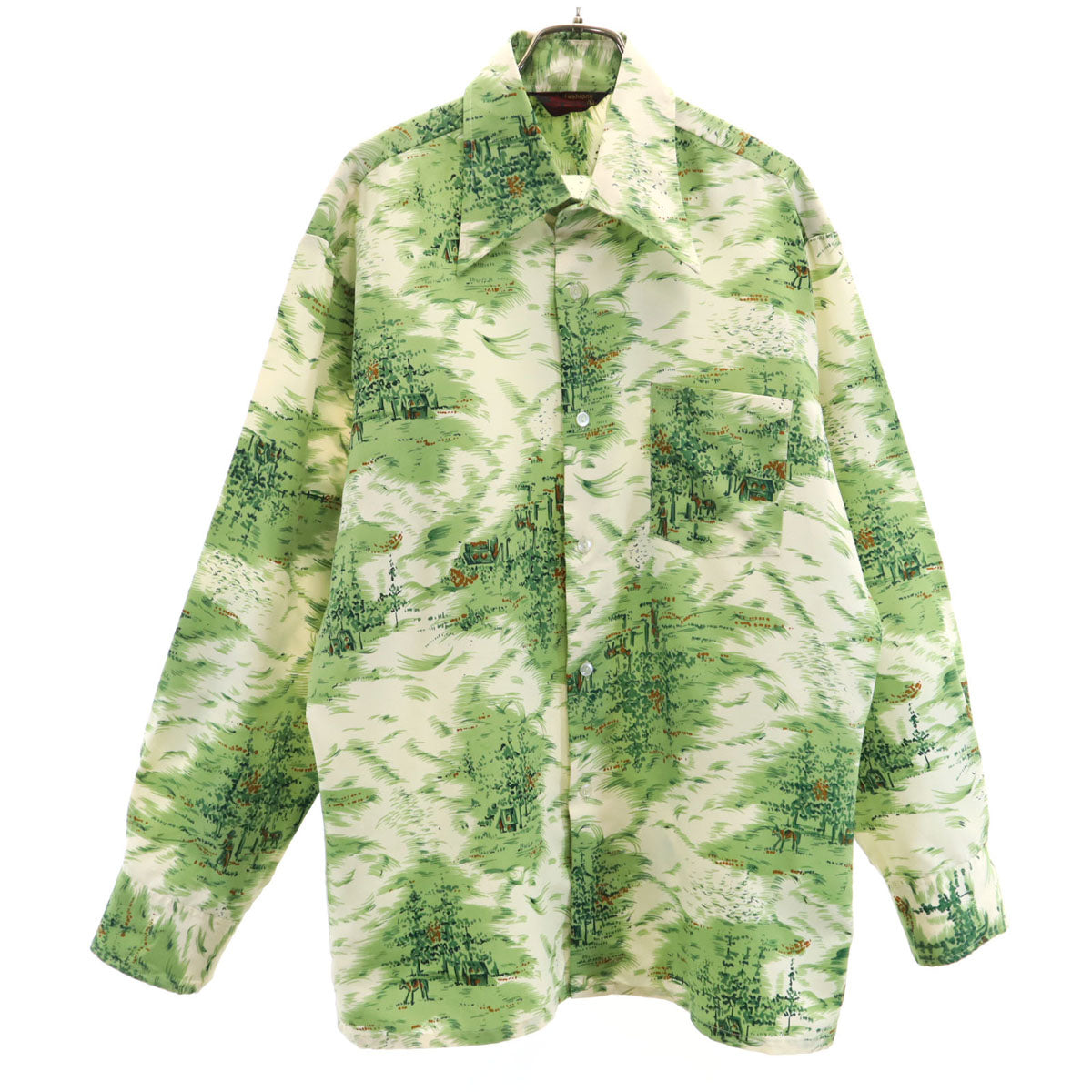 NuLook Fashions 70s ヴィンテージ 風景プリント 長袖 シャツ L 黄緑 メンズ