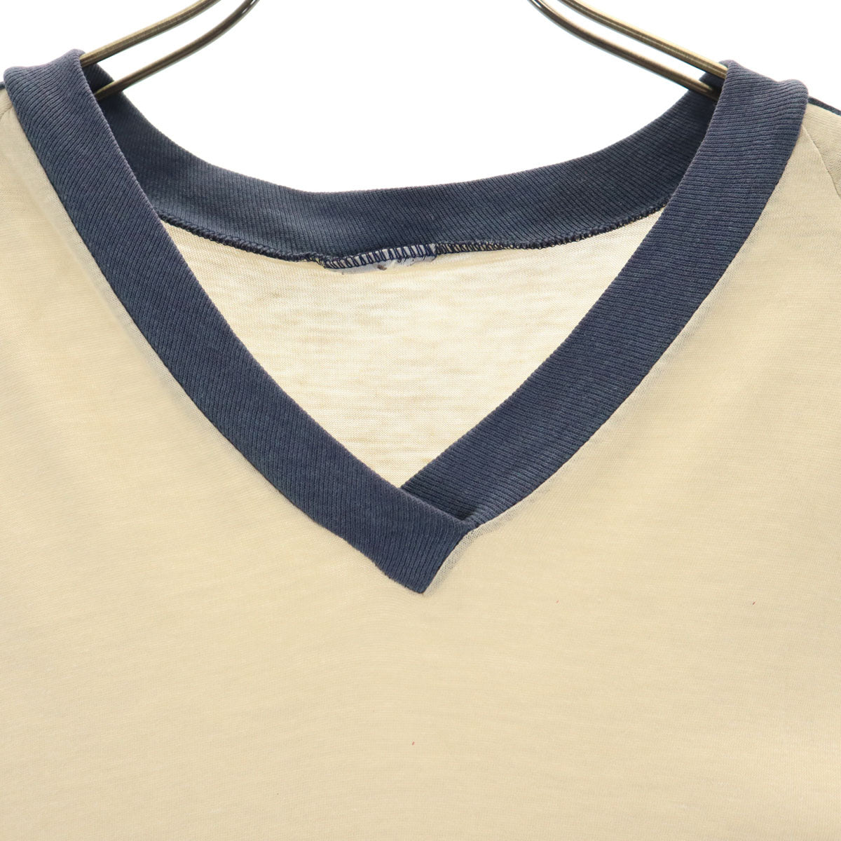 80s 90s オールド 半袖 Vネック Tシャツ ベージュ系 シングルステッチ メンズ