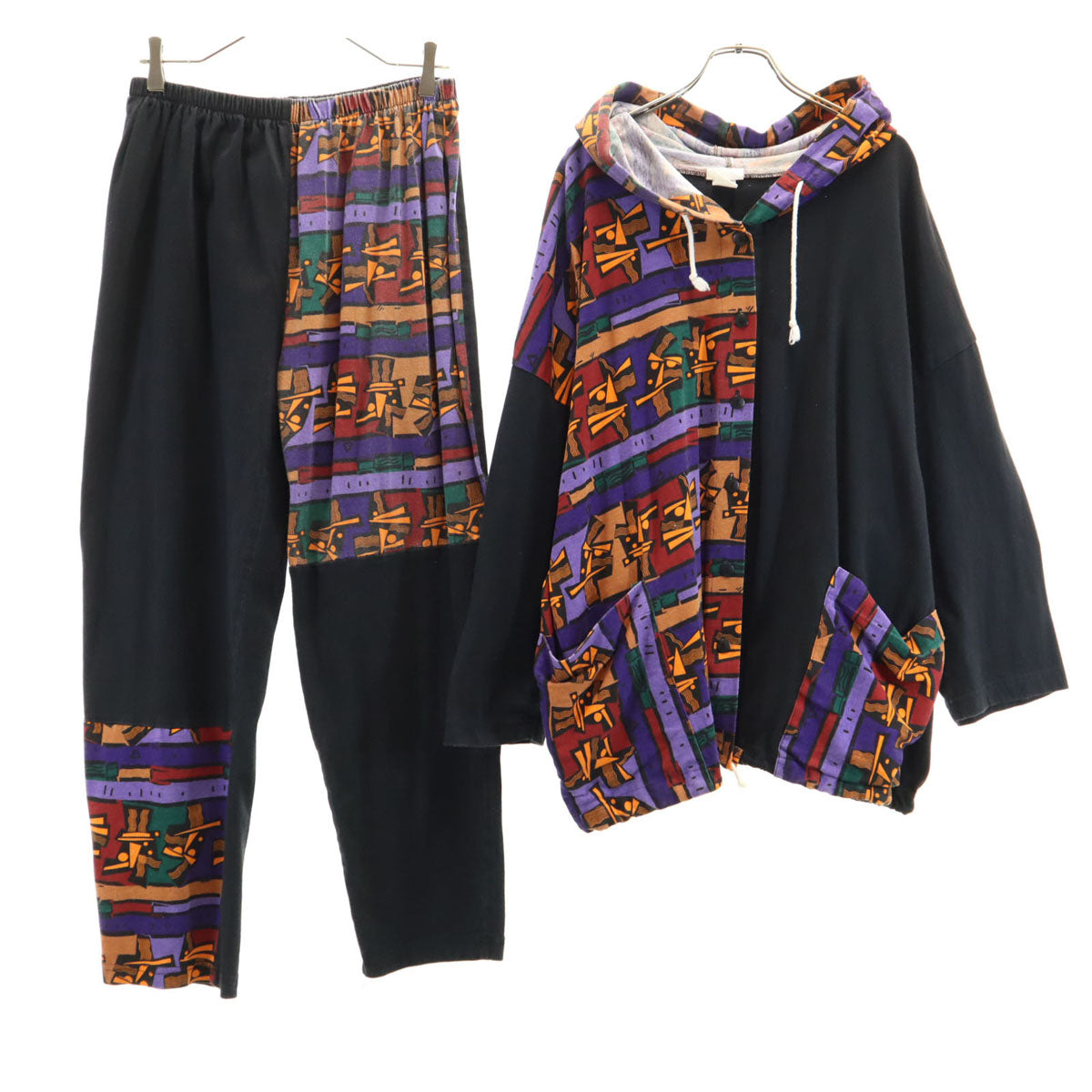 VIVI 90s USA製 オールド エスニック柄切替 7分袖 パーカー 上下 セットアップ ONE SIZE ブラック レディース