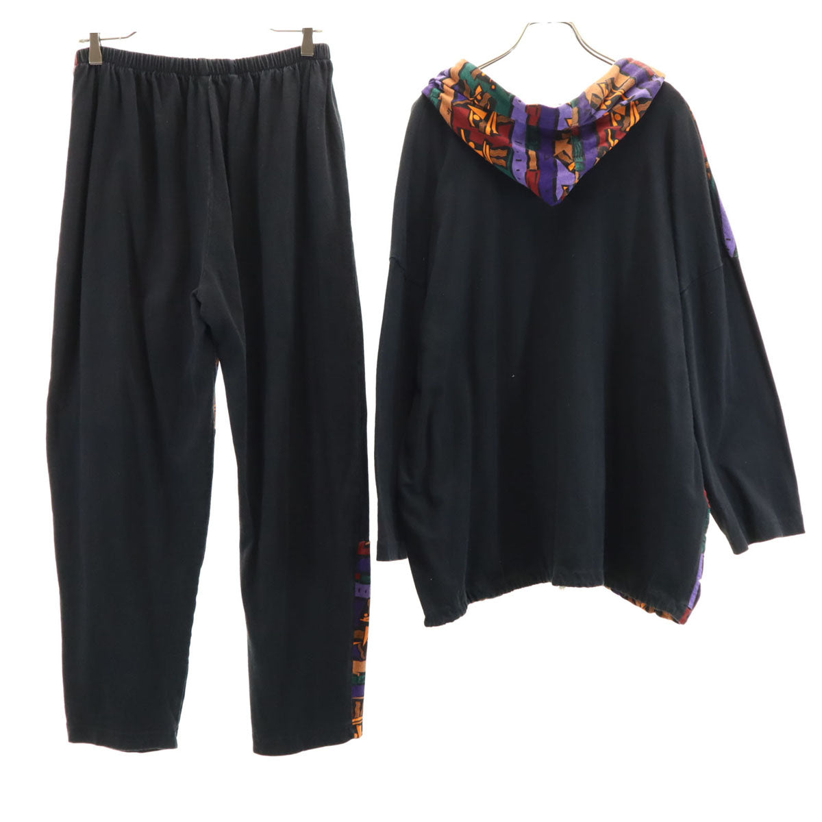 VIVI 90s USA製 オールド エスニック柄切替 7分袖 パーカー 上下 セットアップ ONE SIZE ブラック レディース