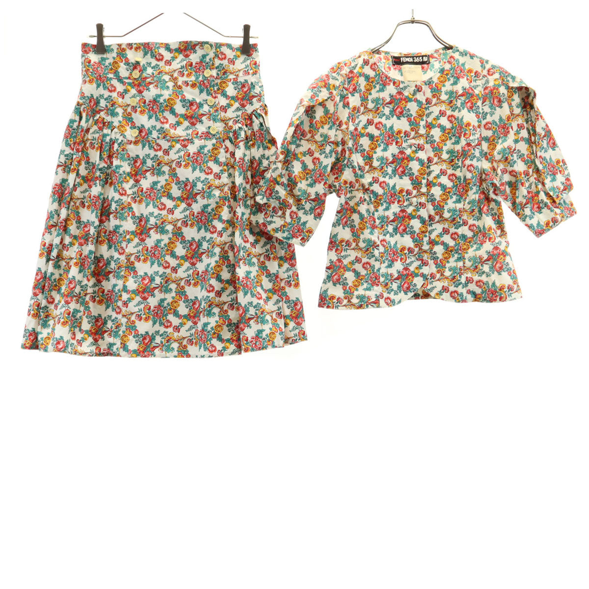 FENDI フェンディ イタリア製 花柄 半袖 ブラウス 上下 セットアップ 44 ホワイト スカート レディース