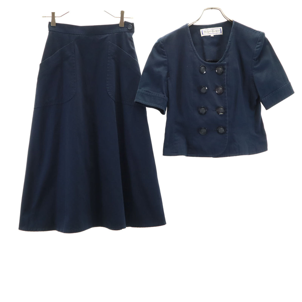 YVES SAINT LAURENT イヴサンローラン 90s オールド 半袖 ダブル ノーカラージャケット 上下 セットアップ M ネイビー レディース