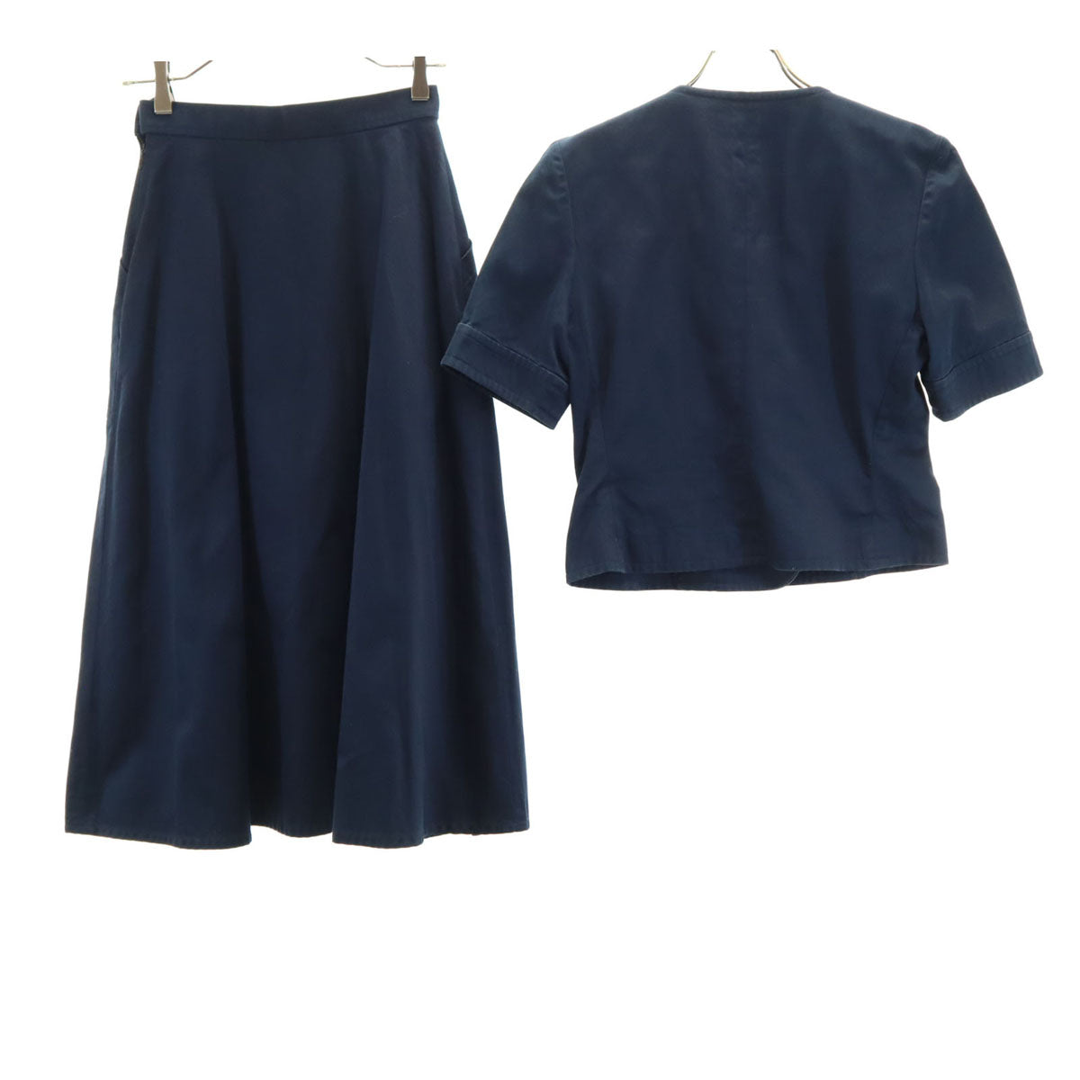 YVES SAINT LAURENT イヴサンローラン 90s オールド 半袖 ダブル ノーカラージャケット 上下 セットアップ M ネイビー レディース