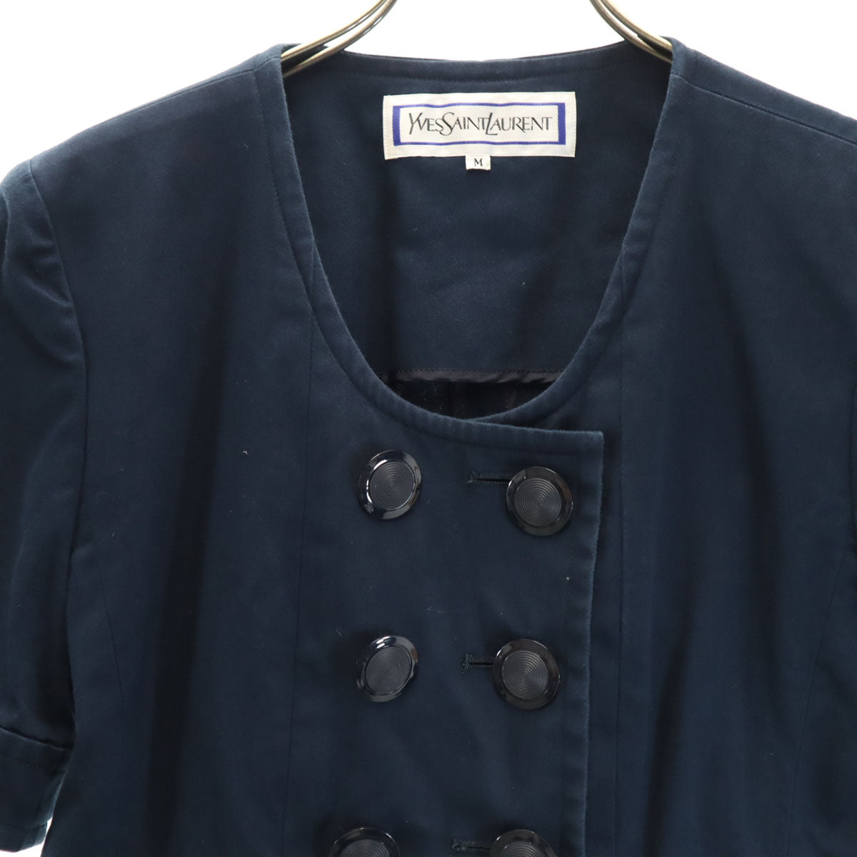 YVES SAINT LAURENT イヴサンローラン 90s オールド 半袖 ダブル ノーカラージャケット 上下 セットアップ M ネイビー レディース